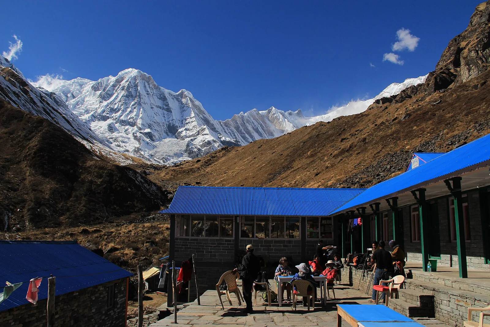 Trekkers on the trail to Annapurna Base Camp with snow peaks behind — a short, affordable Nepal trek popular with Indian travellers