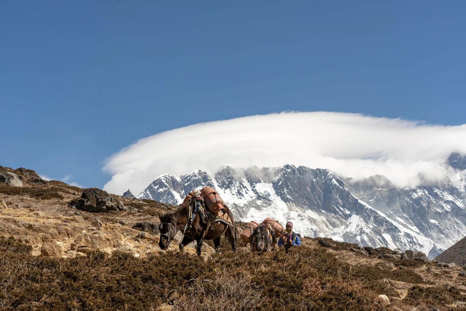 Trekkers on the trail toward Everest Base Camp with Himalayan peaks behind, a bucket-list trip for Canadian travellers in 2026