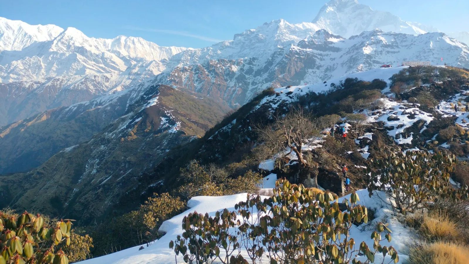 Beginner trekkers walking a gentle teahouse trail in the Nepal Himalaya