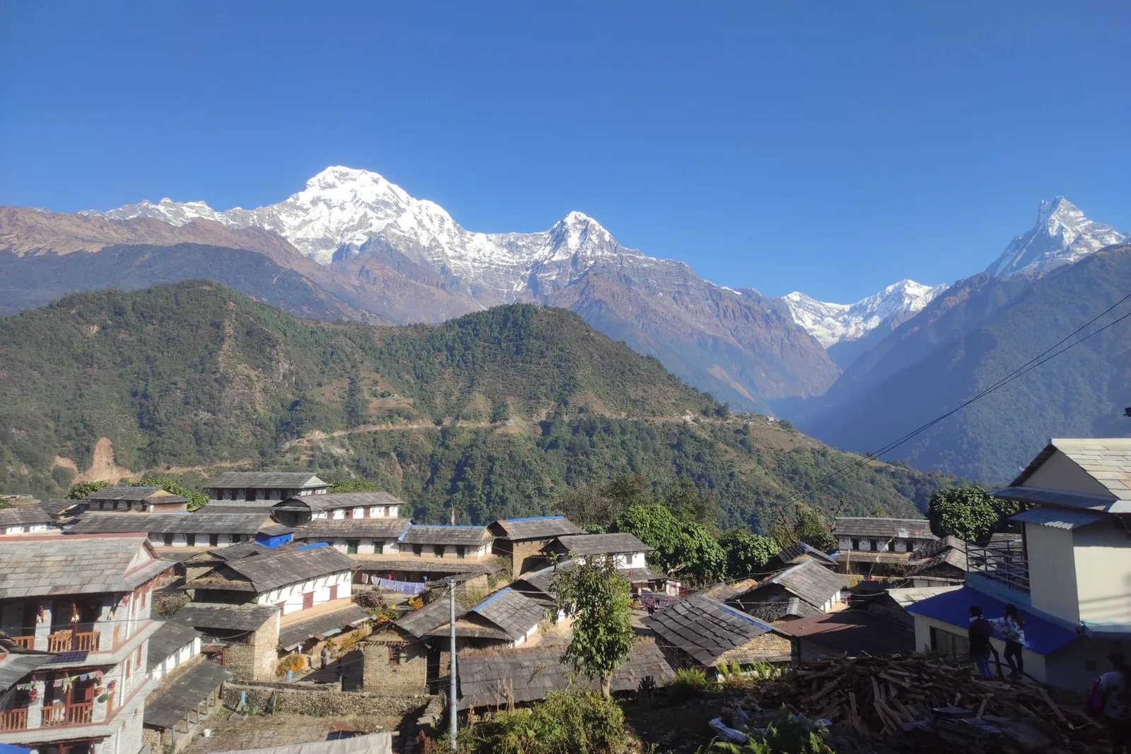 Gurung homestay village of Ghalegaun with Annapurna and Lamjung Himal, Nepal