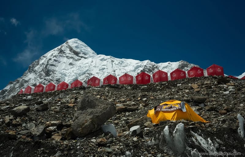 Trail through the Khumbu with mountain backdrop