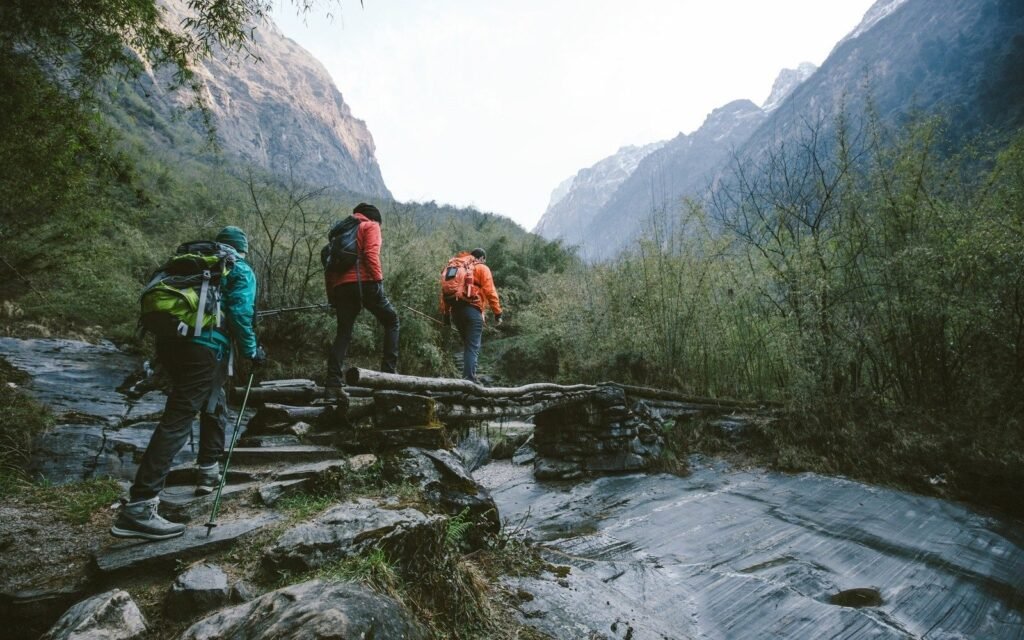 Trekking to the ice lake at the foot of the Annapurna IV Glacier. Photo: Getty.